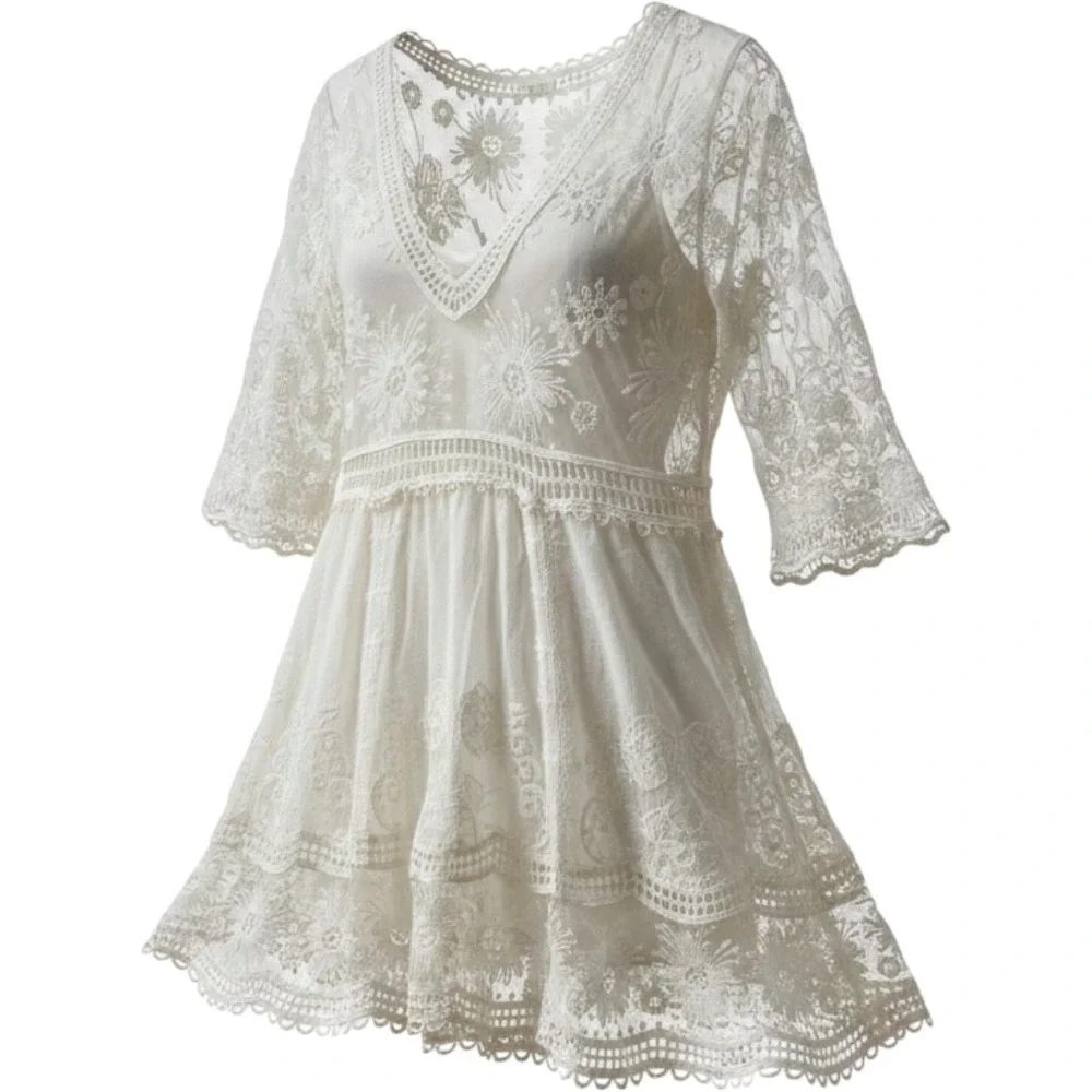 White Floral Lace Crochet Small Beach Cover Up Sheer Boho Mini Dress Festival